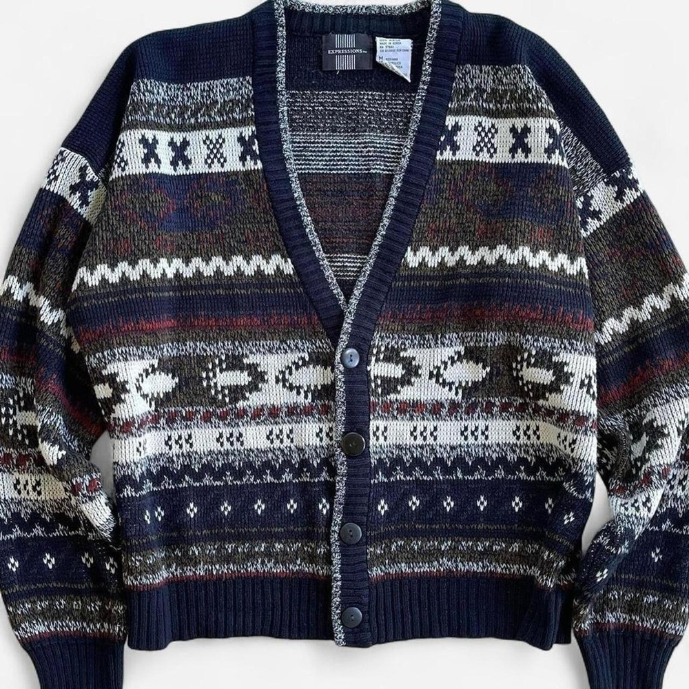Vintage Expressions Slouchy Retro Grandpa V-Neck Button Front Cardigan Sweater
